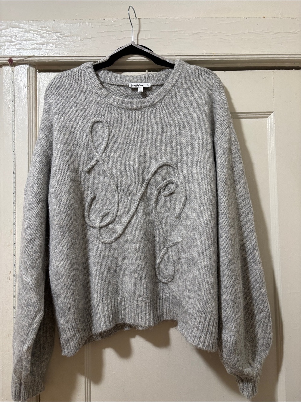 Sam Edelman New York Gray Raised-Script Crewneck Sweater